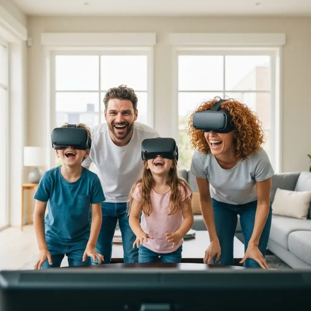 Familia disfrutando de realidad virtual y tecnología