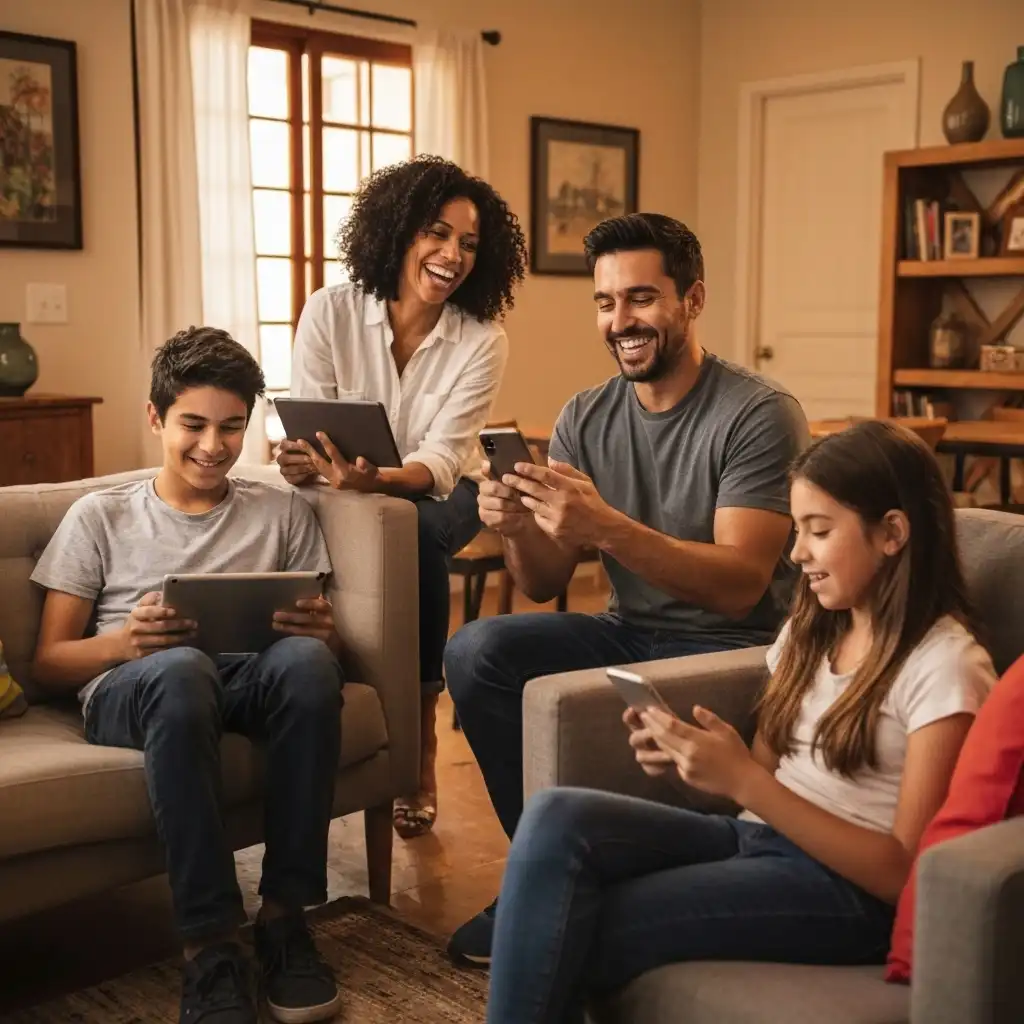 Familia venezolana conectada usando múltiples dispositivos con GlobalCable